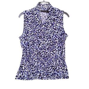 TAHARI Blue Blouse Lavender Top Women Size Large Mandarin Wrap Collar Neck Spots